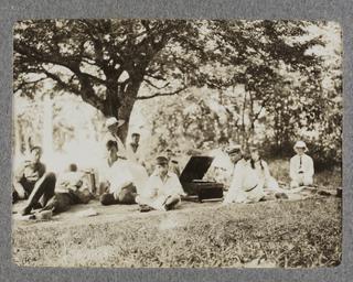 Untitled black and white photograph showing members of the Russian Royal Family during a picnic party at Ericleek