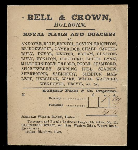 Handbill, Bell & Crown Holborn, Royal Mails and Coaches