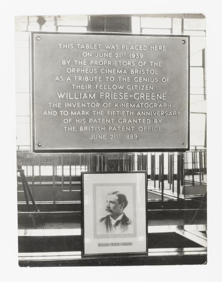 A photograph of the plaque placed outside the Orpheus Cinema