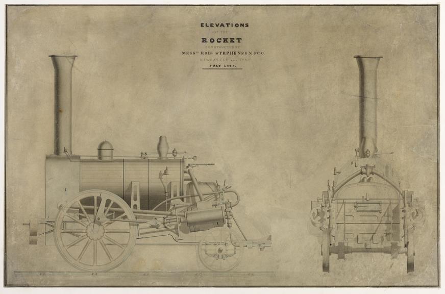 Coloured drawing of Elevations of the (Locomotive) Rocket