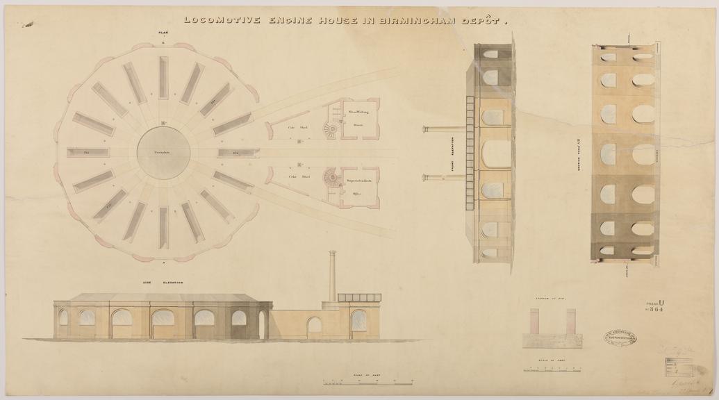 Drawing of Curzon Street Station, Birmingham (London & Birmingham Railway), showing plan of the Birmingham Depot's engine round house with coke sheds, men's waiting room and superintendent's office, showing front and side elevations, section through engine house, and pit, signed Grissell and Peto.