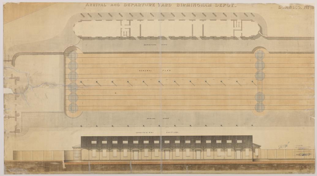 Drawing of Curzon Street Station, Birmingham (London & Birmingham Railway), showing general plan of the Birmingham's Depot's arrival and departure yard with longitudinal section, signed by Robert Stephenson and Grissell and Peto