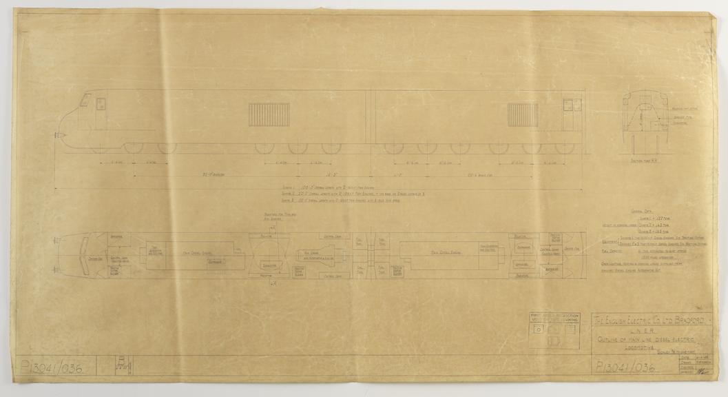 Layout of equipment in electro-diesel locomotives for British Rail Southern Region and LNER.  General outlines for diesel electric locomotives, trolley mining locomotives, proposed cab arrangement for electric shunting locomotives for overseas railways