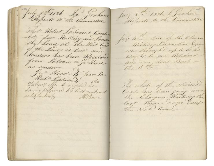 Pages 104 and 105 of John Graham's report book 1835-1838