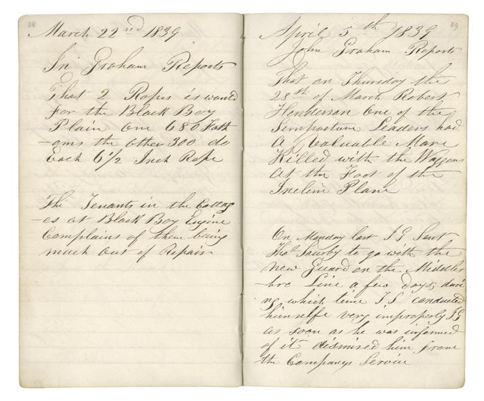 Pages 38 and 39 of John Graham's report book 1838-1845