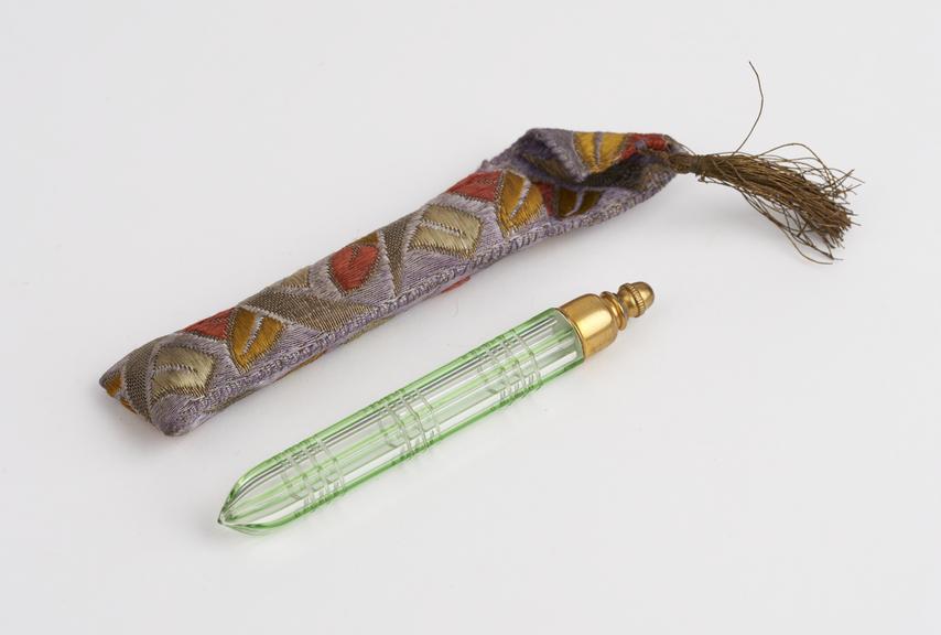 Glass perfume bottle, with gold collar and gold sc