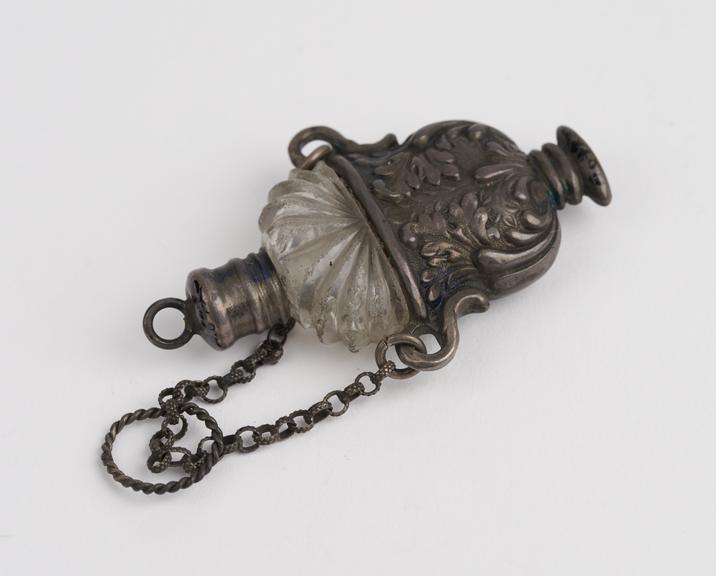 Glass bottle, mounted in silver, with silver chain