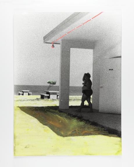Hand-coloured photographic print of a woman at a Florida beack