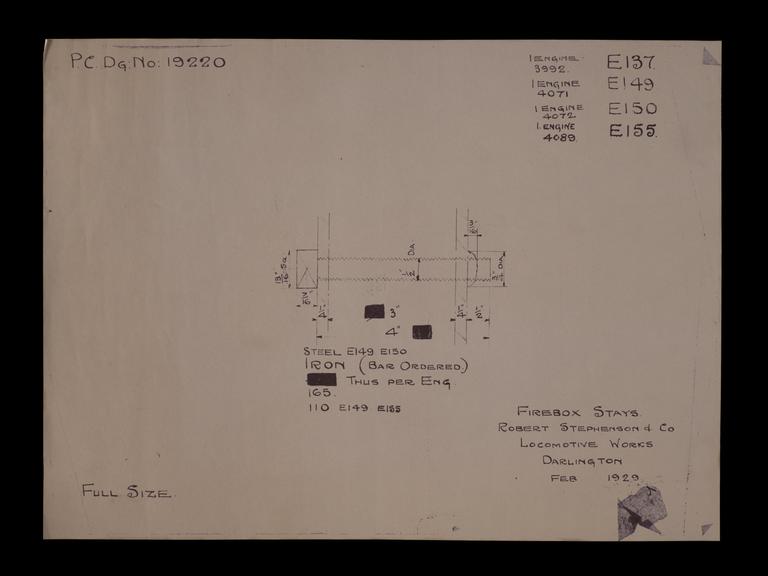 Engineering drawing of Rocket model Firebox stays