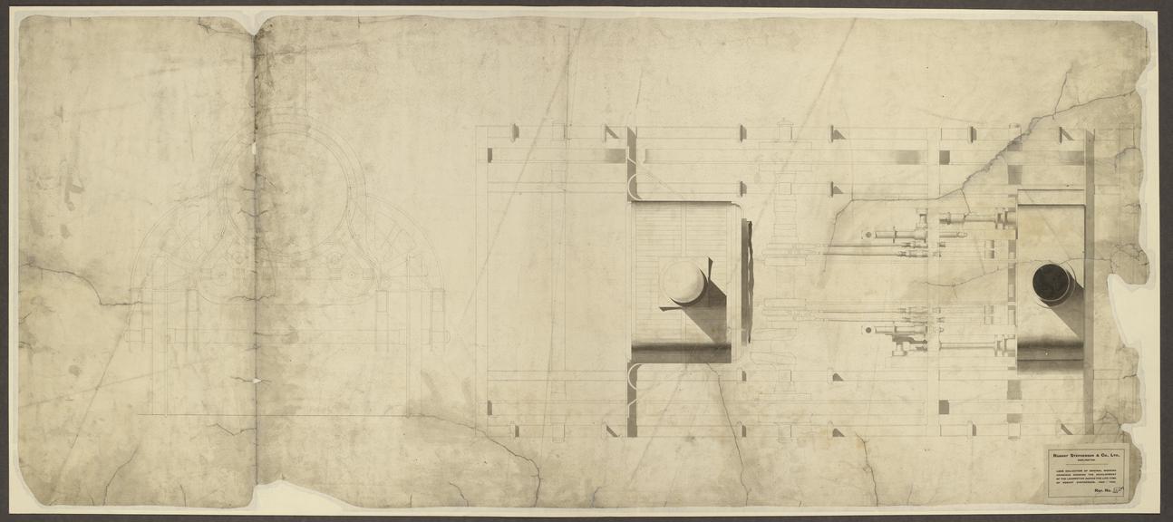 Drawing of a plan view of a 2-2-2 Broad Gauge locomotive