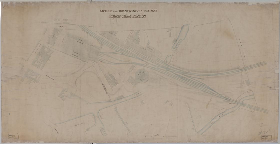 Drawing of Curzon Street Station, Birmingham (London & Birmingham Railway), showing large scale plan of station and depot, includes surrounding streets and waterways, also highlighted is the proposed route of a new road