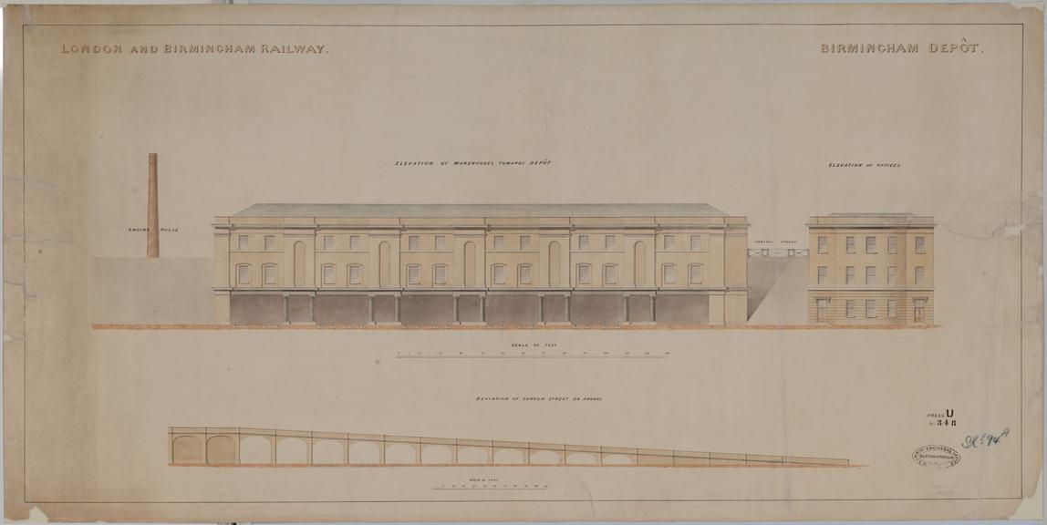 Drawing of Curzon Street Station, Birmingham (London & Birmingham Railway), showing elevation of warehouse towards depot with engine house and offices to either side, deviation of Curzon Street on arches