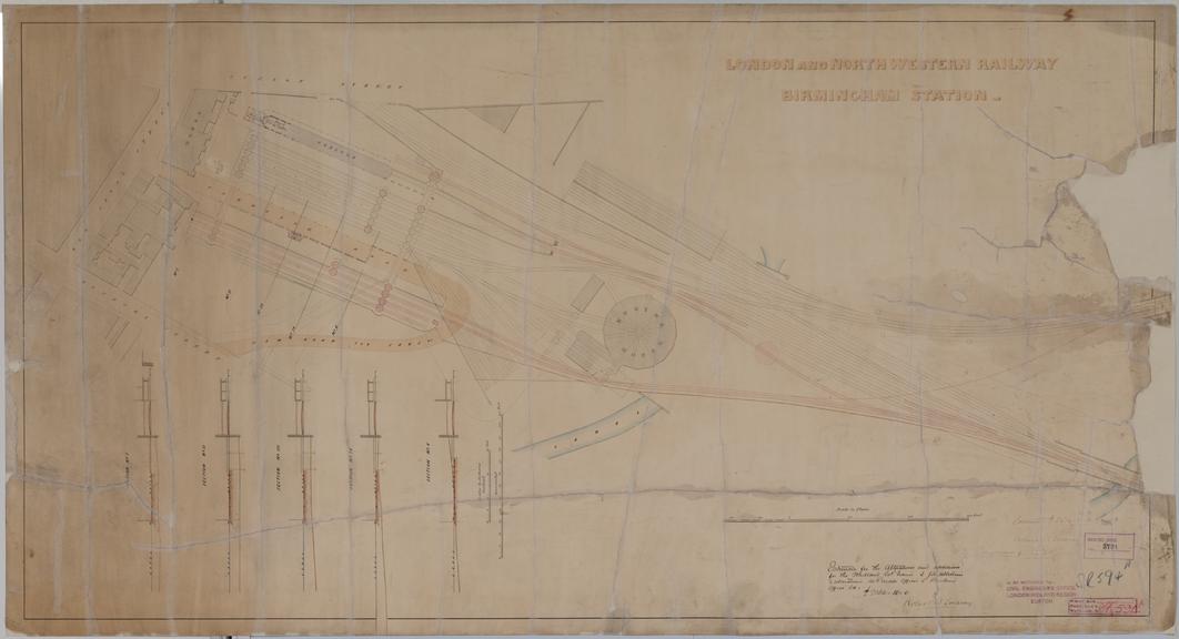 Drawing of Curzon Street Station, Birmingham (London & Birmingham Railway), showing general ground of the station showing its location in the surrounding area, annotations regarding 'Estimates for ... alterations and additions...', signed by Robert B. Dochray