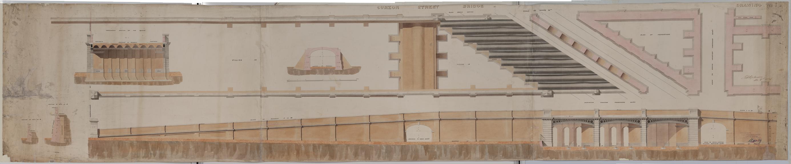 Drawing of Curzon Street Station, Birmingham (London & Birmingham Railway), showing designs for Curzon Street bridge, sections of wall, traverse section, plan and elevation towards passenger depot, signed Robert Stephenson