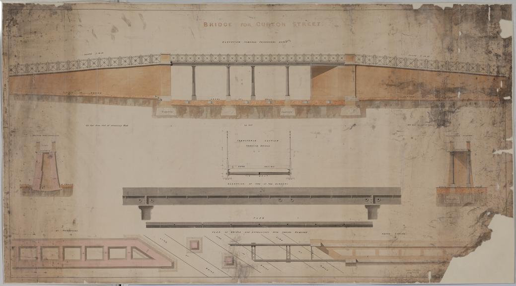 Drawing of Curzon Street Station, Birmingham (London & Birmingham Railway), showing designs for Curzon Street bridge, elevation towards passenger depot, section through approach, traverse section through bridge, elevation and plan of girders, plan of bridge and approaches with permanent way removed, plan of foundations