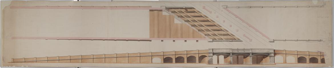 Drawing of Curzon Street Station, Birmingham (London & Birmingham Railway), plan and elevation of Curzon Street Bridge, some pencil sketches and annotation has been added to the plan, plan is labelled 'first design' top left