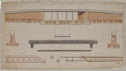 Drawing of Curzon Street Station, Birmingham (London & Birmingham Railway), showing elevation of footbridge for Curzon Street with sections through, plan above coping and plan of foundations, elevations and plan of main rib supporting footway