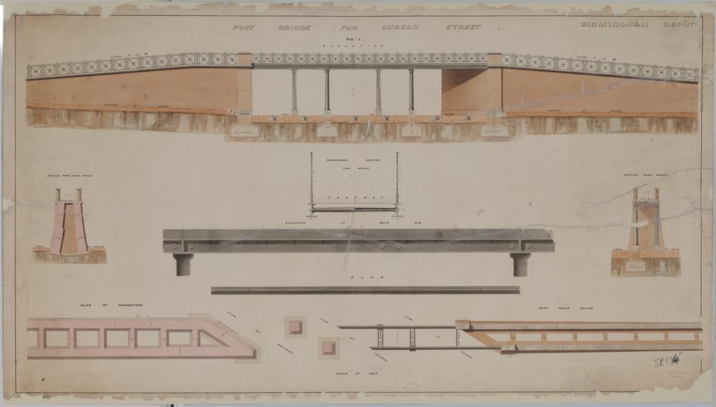 Drawing of Curzon Street Station, Birmingham (London & Birmingham Railway), showing elevation of footbridge for Curzon Street with sections through, plan above coping and plan of foundations, elevations and plan of main rib supporting footway