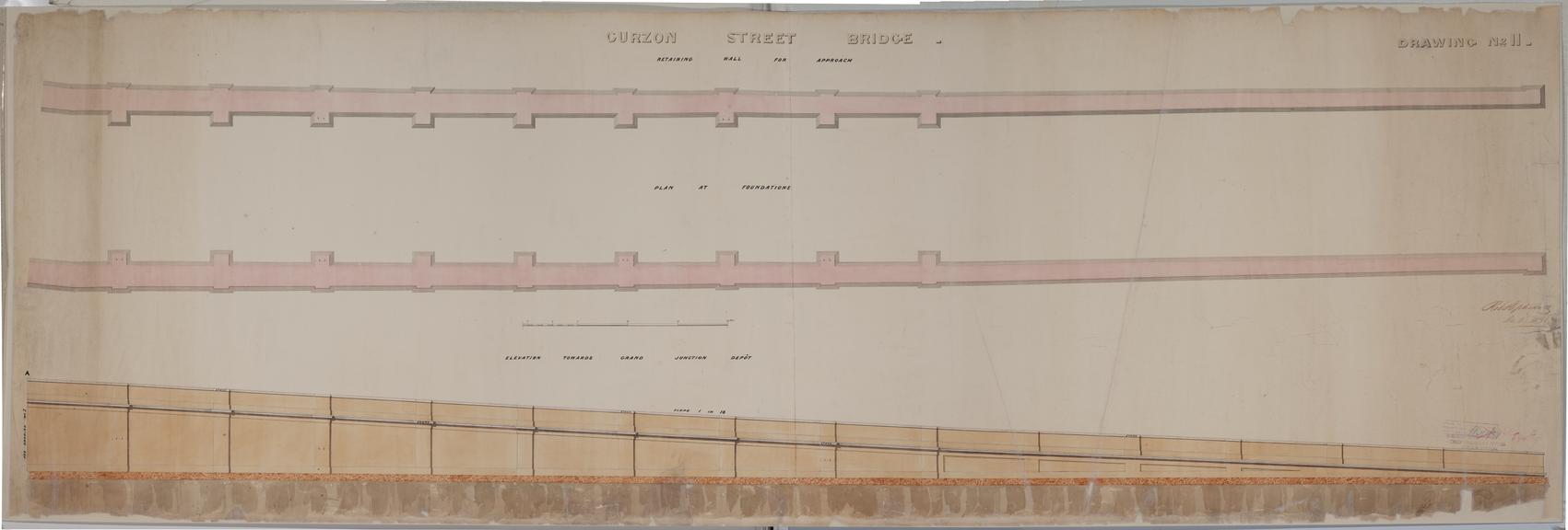 Drawing of Curzon Street Station, Birmingham (London & Birmingham Railway), showing plan at foundations and elevation towards Grand Central depot, signed Robert Stephenson