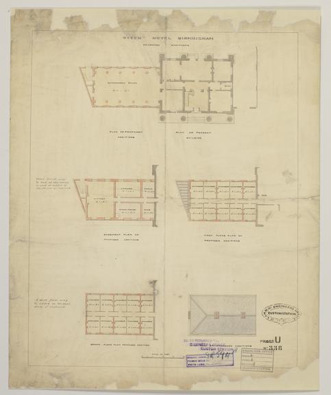 Drawing of Curzon Street Station, Birmingham (London & Birmingham Railway), showing plan of proposed additions to Queen's Hotel including basement, ground floor, first floor, second floor and roof