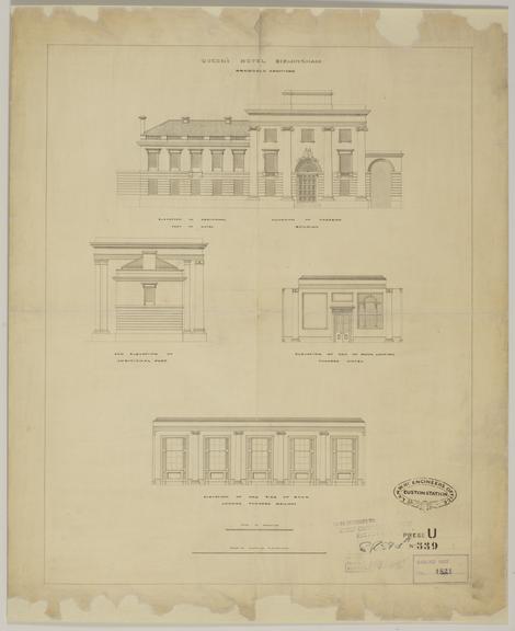 Drawing of Curzon Street Station, Birmingham (London & Birmingham Railway), showing elevation of end of room looking towards hotel, elevation of one side of room looking towards railway