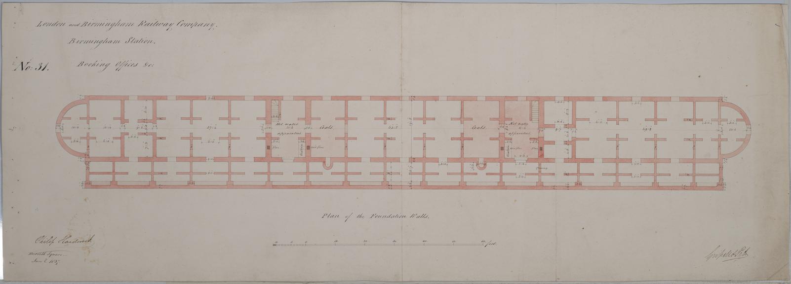 Drawing of Curzon Street Station, Birmingham (London & Birmingham Railway), showing  plan of the booking office foundation walls, signed by Philip Hardwick, Grissell and Peto