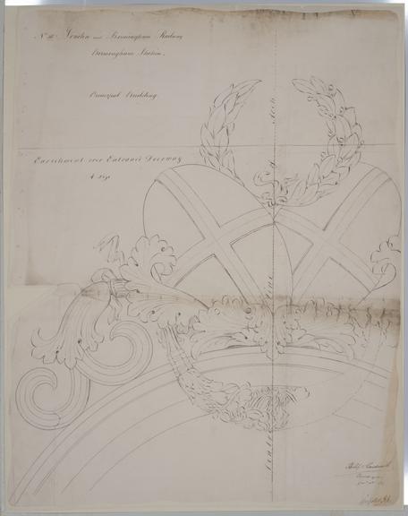 Drawing of Curzon Street Station, Birmingham (London & Birmingham Railway), showing detail of embellishment above the entrance doorway to the principal building, signed by Philip Hardwick, Grissell and Peto