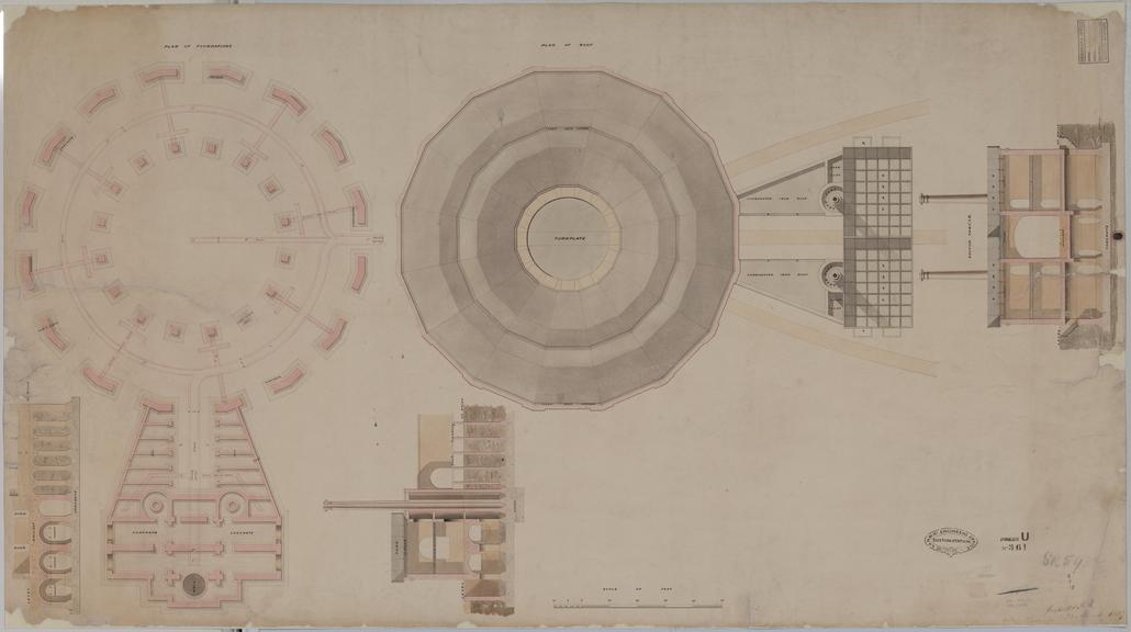 Drawing of Curzon Street Station, Birmingham (London & Birmingham Railway), showing plans of foundations of engine house, plan of roof, sections through tanks and out buildings