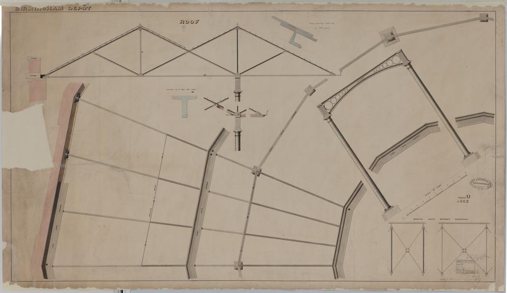 Drawing of Curzon Street Station, Birmingham (London & Birmingham Railway), showing roof [of engine round house?], plan and sections, signed P. Le Court, Grissell and Peto