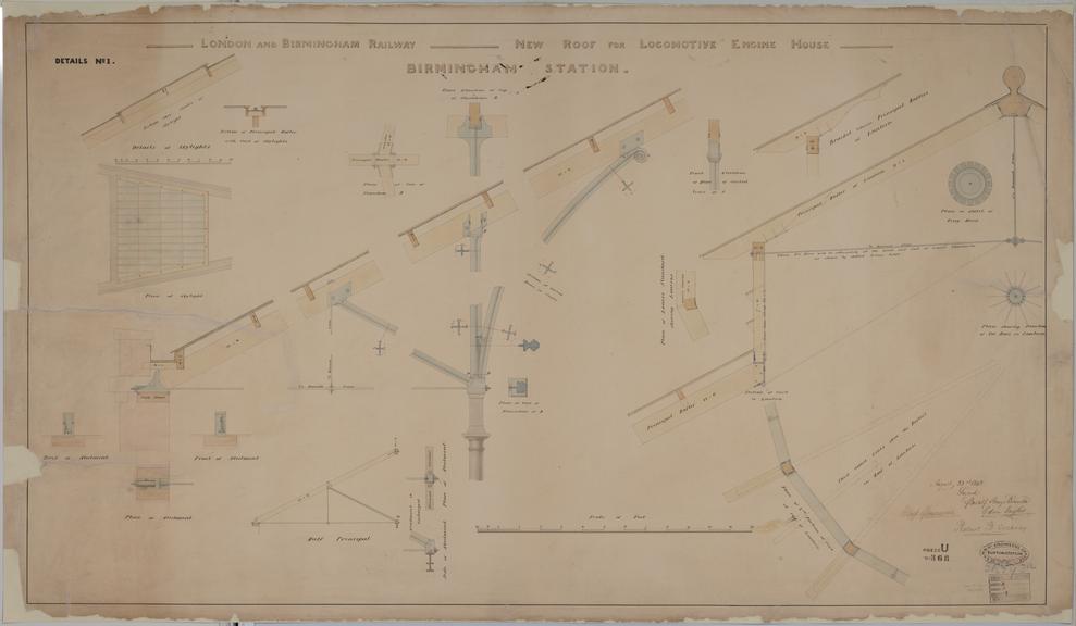 Drawing of Curzon Street Station, Birmingham (London & Birmingham Railway), showing plans and sections of rafters, details of skylight