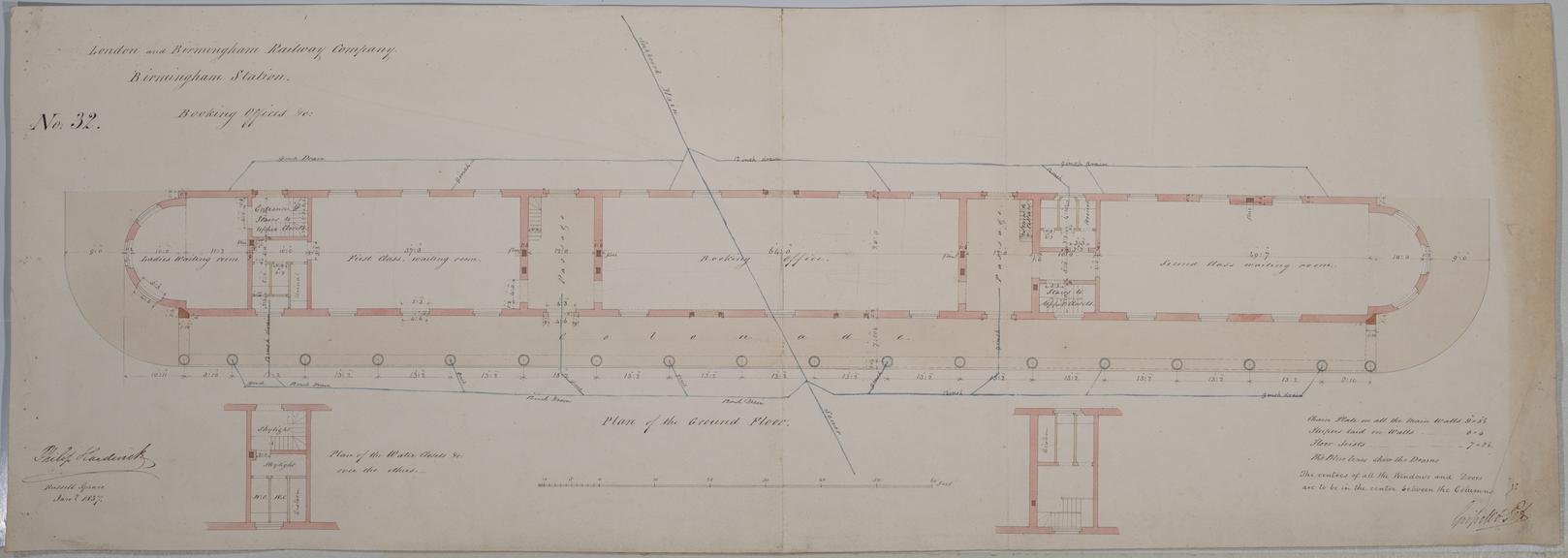 Drawing of Curzon Street Station, Birmingham (London & Birmingham Railway), showing plan of booking offices ground floor, plan of water closets etc., signed by Phillip Hardwick, Grissell and Peto