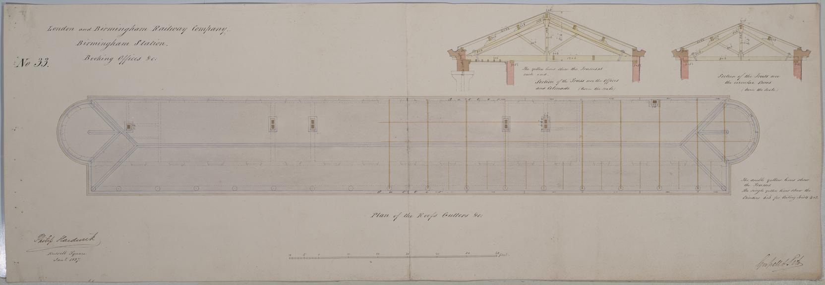 Drawing of Curzon Street Station, Birmingham (London & Birmingham Railway), showing section of the truss over the booking offices and colonade, section of the truss over the circular doors, plan of the roof gutters, trusses and binder for the celiing joists