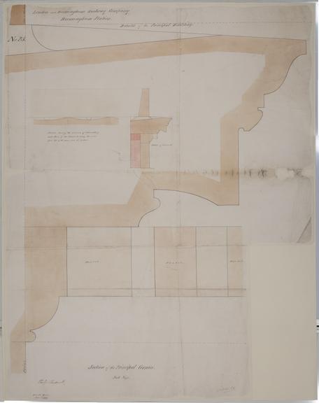 Drawing of Curzon Street Station, Birmingham (London & Birmingham Railway), showing details of principal building and section of principal cornice, signed by Philip Hardwick, Grissell and Peto