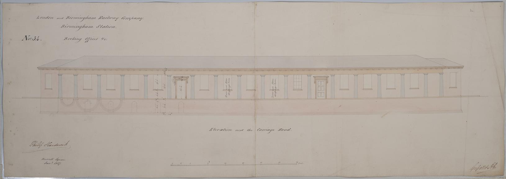 Drawing of Curzon Street Station, Birmingham (London & Birmingham Railway), showing elevation of booking offices next to carriage road, signed by Philip Hardwick, Grissell and Peto