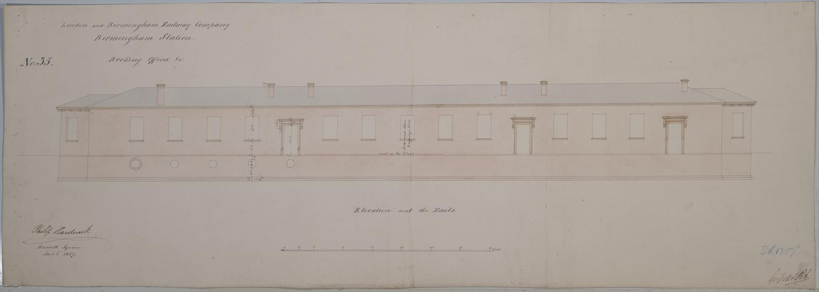 Drawing of Curzon Street Station, Birmingham (London & Birmingham Railway), showing elevation of booking office next to rails