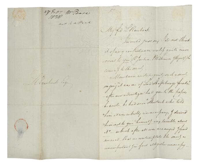 Letter from Edward Pease, Darlington to Leonard Raisbeck, Stockton-upon ...