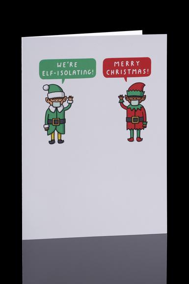 Christmas card on a white background showing two elves