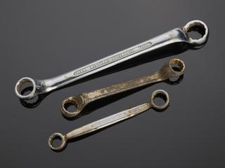 Three steel ring spanners, used during AEI apprenticeship