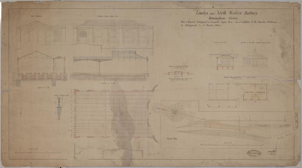 Drawing of Birmingham Station (London and North Western Railway), showing proposed enlargement and additions to locomotive engine shed (roundhouse), departure platforms and parcels offices