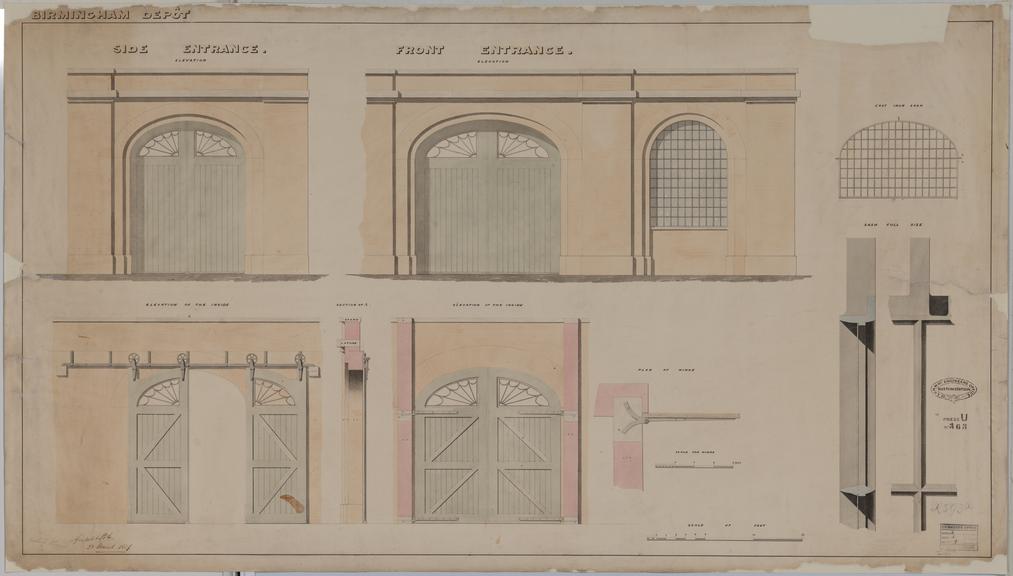 Drawing of Curzon Street Station, Birmingham (London & Birmingham Railway), showing elevation of side entrance, elevation from inside, elevation of front entrance, elevation from inside, section, plan of hinge, elevation of sash detail, elevation of cast iron sash and detail at full size, signed P. Le Court Grissell and Peto.