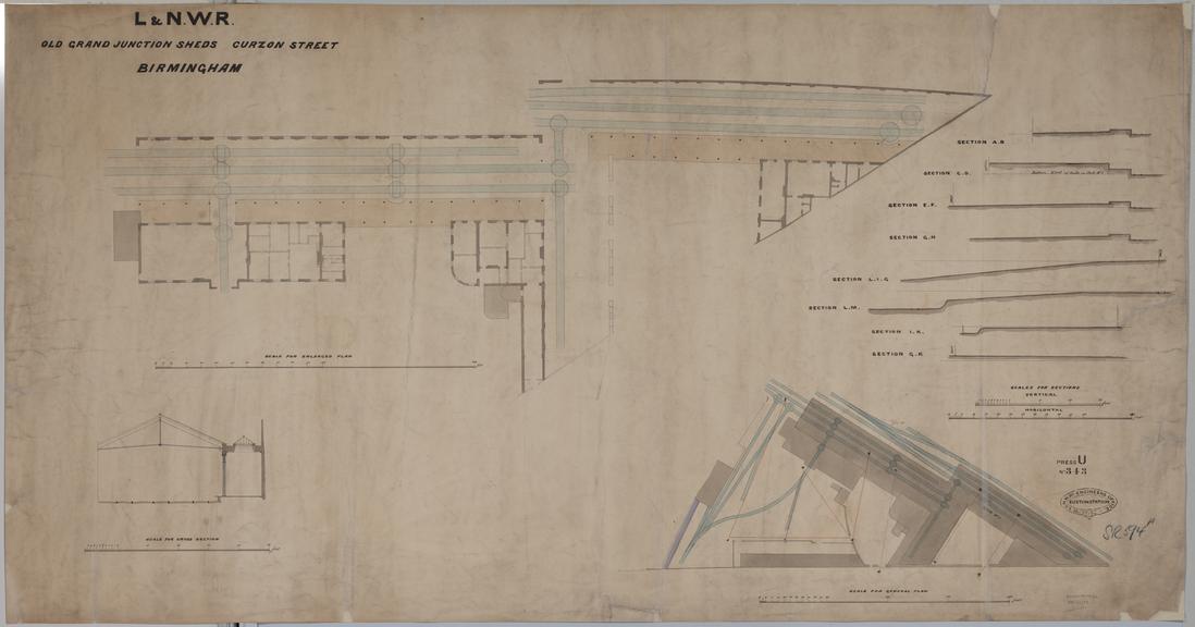 Drawing of Curzon Street Station, Birmingham (London & Birmingham Railway), showing enlarged plan of sheds heavily annotated in pencil, cross section, general plan of sheds with cross sections