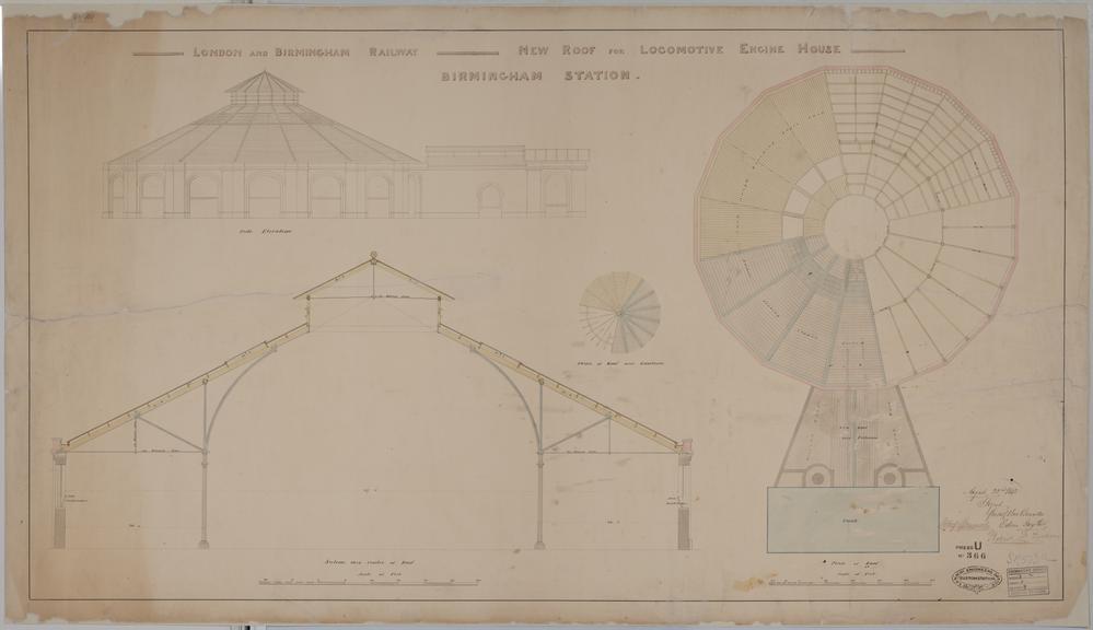 Drawing of Curzon Street Station, Birmingham (London & Birmingham Railway), showing plan of new roof for locomotive engine house, plan of roof over lantern, section through centre of roof, side elevation, signed Joseph George Branson, Edwin Gwythen and Robert B. Dochray