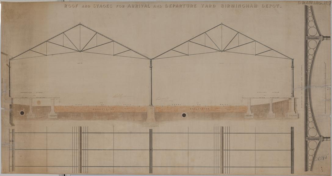 Drawing of Curzon Street Station, Birmingham (London & Birmingham Railway) showing section across the Birmingham's Depot's arrival and departure yard showing roof and stages, also an elevation of girders and columns, signed by Robert Stephenson and Grissell and Peto