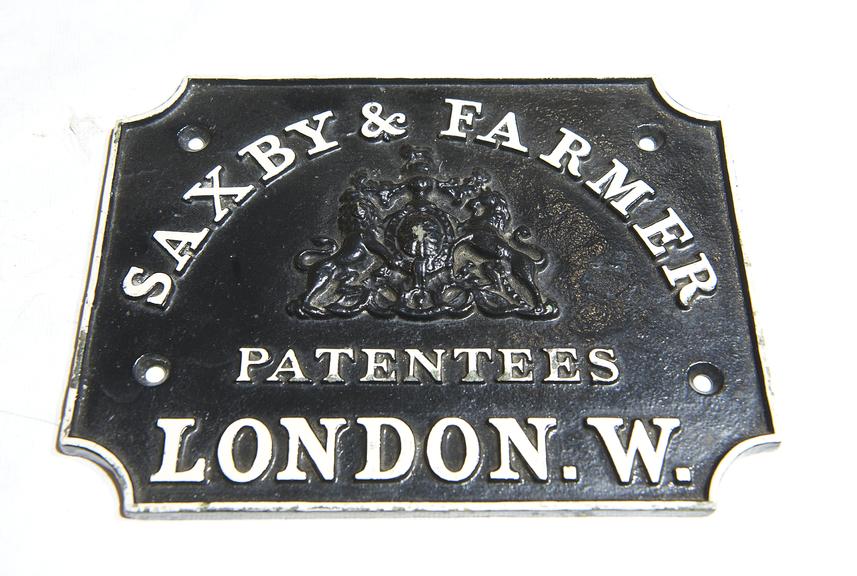 Saxby & Farmer signal frame maker's plate