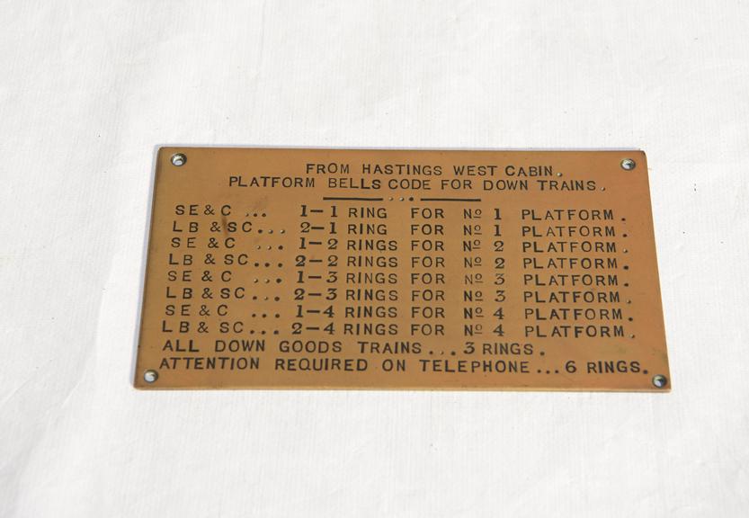 Brass plate showing platform bell codes from Hastings West Cabin ...