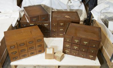 Five Wooden Boxes and Two Card Boxes of Lantern Slides