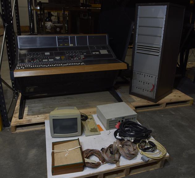 Calrec assignable sound desk with Hewlett Packard computer and monitor