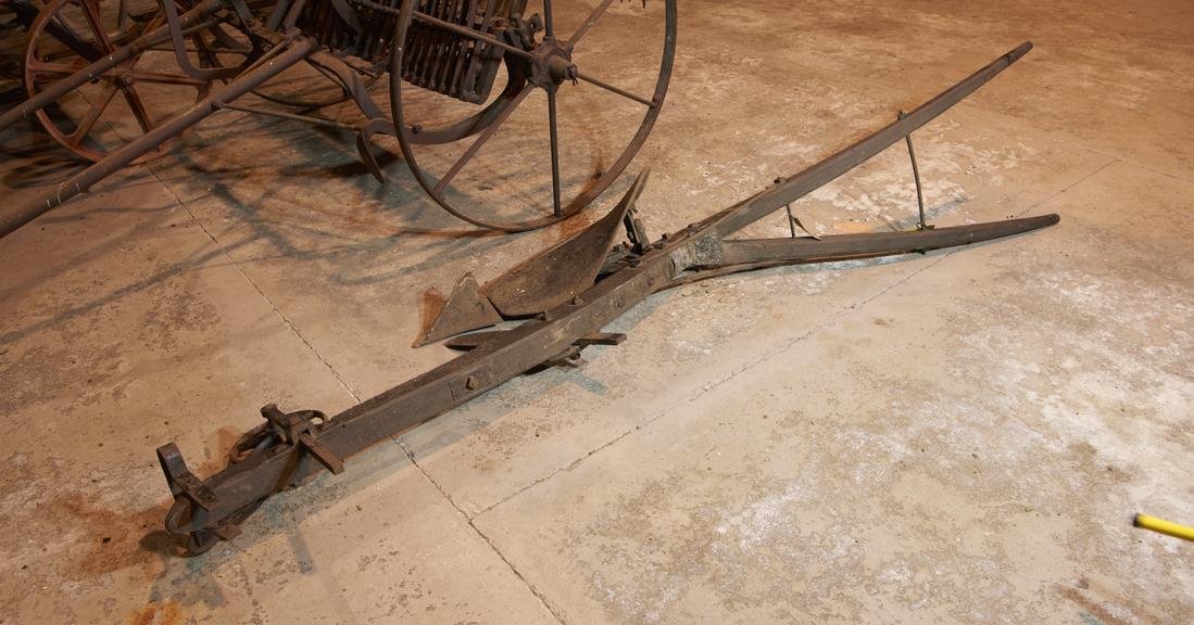 Horse drawn Derby plough with wooden beam and handles