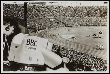 Photograph showing a Super Emitron camera at an athletics track