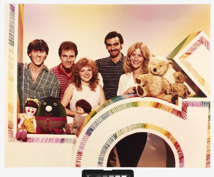 Photograph of presenters and toys from BBC TV programme 'Play